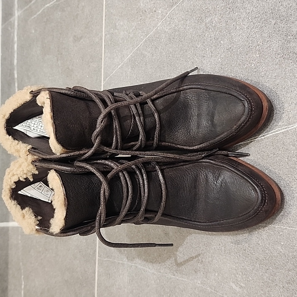UGG Brown Leather Lace-Up Boots with Fur Lining
